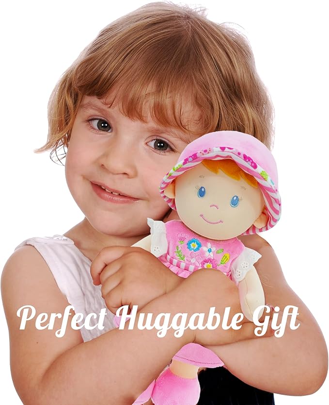 June Garden Personalized Soft Dolly Emilia - Stuffed Soft Baby Doll for Birth and Up with Custom Name - Pink Dress - 13"