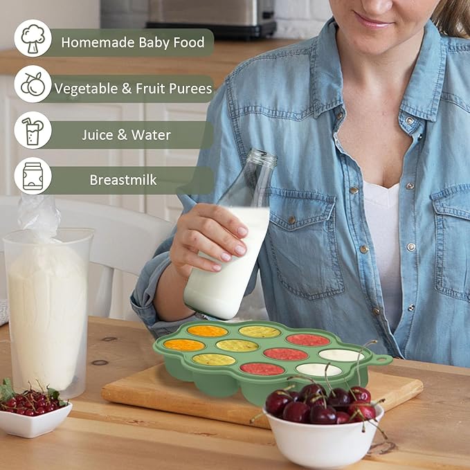 Baby Food Storage Container 2 Pack Silicone Freezer Tray Breast Milk Molds for Homemade Baby Food, Fruit Purees, Vegetable - Keep Your Baby's Meals Fresh and Safe (Matte Blue + Green)