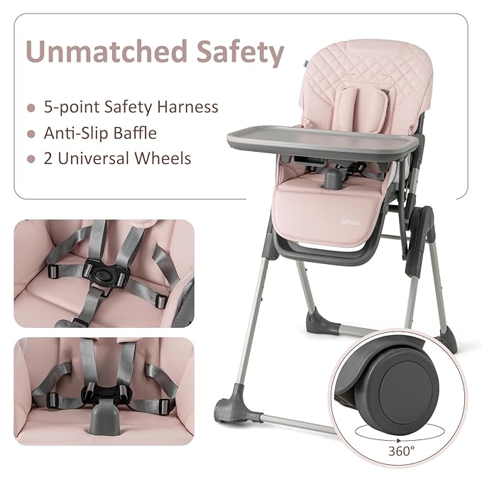 INFANS Baby High Chair, Convertible Quick Folding Portable Highchair for Babies and Toddlers with Adjustable Height Backrest Footrest 2 Wheels Removable Tray, Easy to Clean PU Seat (Pink)