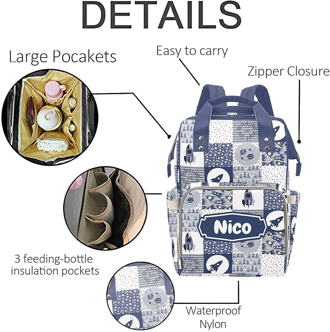 Rocket Personalized Diaper Bag with Custom Name – Custom Baby Tote Backpack for Mom, Unique Gift for New Parents, Baby Shower Essentials