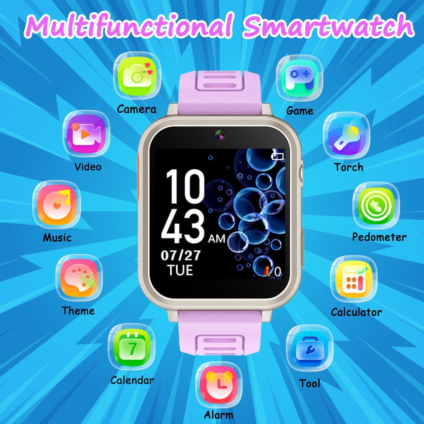 Smart Watch for Kids Ages 4-12, 24 Puzzle Games HD Touch Screen Camera Alarm Clock Birthday Gift for Girls 6-9 Years Old