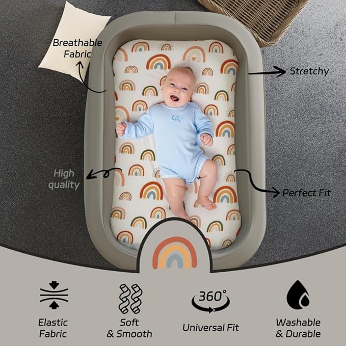 Jola's House 4 Pack Boho Bassinet Sheets - Sunshine & Rainbow Design - Neutral Unisex - Fitted Baby Bassinet Sheets