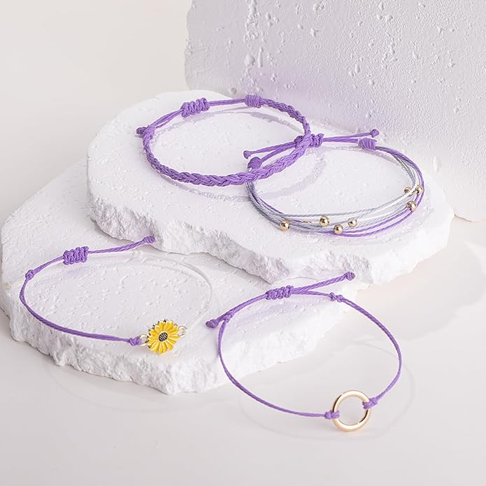 FANCY SHINY Sunflower String Bracelet Boho Braided Rope Wrap Bracelets Cute Summer Beach Surfer Jewelry for Women Christmas Gifts