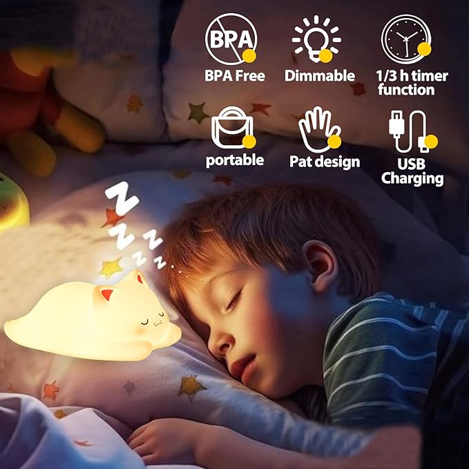 Tremdwoto Cat Night Light for Kids,Cute Colorful Night Light Baby Girl Squishy Night Lights Lamp 1/3 Hour Timer Kitty Light Dimmable Nursery Nightlight,Children's Room Decor，Gifts for Boys and Girls