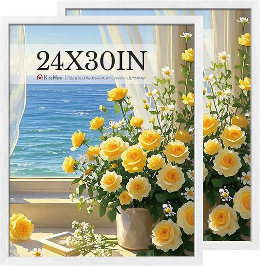 24x30 Poster Frame 2 Pack, White Solid Wood, Wall Gallery Picture Frame