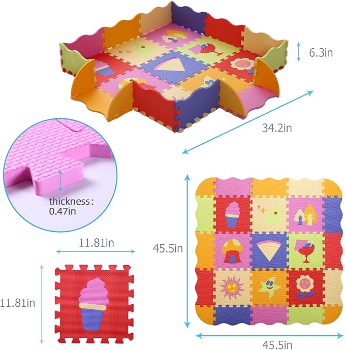 Foam Play Mat for Kids，25Pcs Square Interlocking Puzzle Floor Mat，Baby Play Mat Floor Mat Foam Puzzle Playmat for Toddlers with Fence