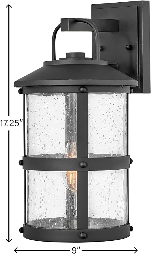 Hinkley Lakehouse Medium Wall Mount Lantern - Estate Series, 1-Light, Coastal, Aluminum, Clear Seedy Glass - Black Finish