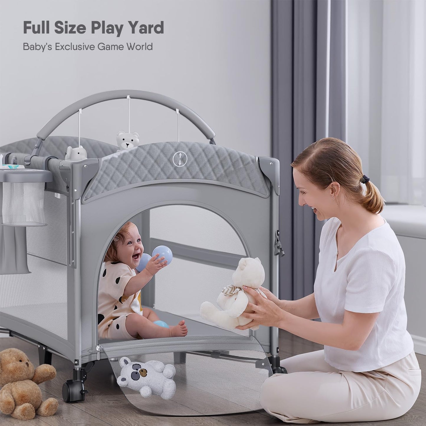 4 in 1 Baby Bassinet, Pack and Play, Bedside Crib Sleeper, Diaper Changer - Comes with Mattress, Mosquito Net，Bottom Storage and Toy Bar for Newborn to Toddles