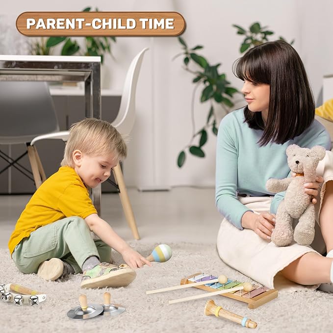 Musical Instruments for Toddlers,POGOLAB Montessori Toys,Educational Wooden Percussion Toys,Gifts for 3 Years Old Boys and Girls, Xylophone,Cymbal,Tambourine,Maraca,Hand Bells,Chime bar