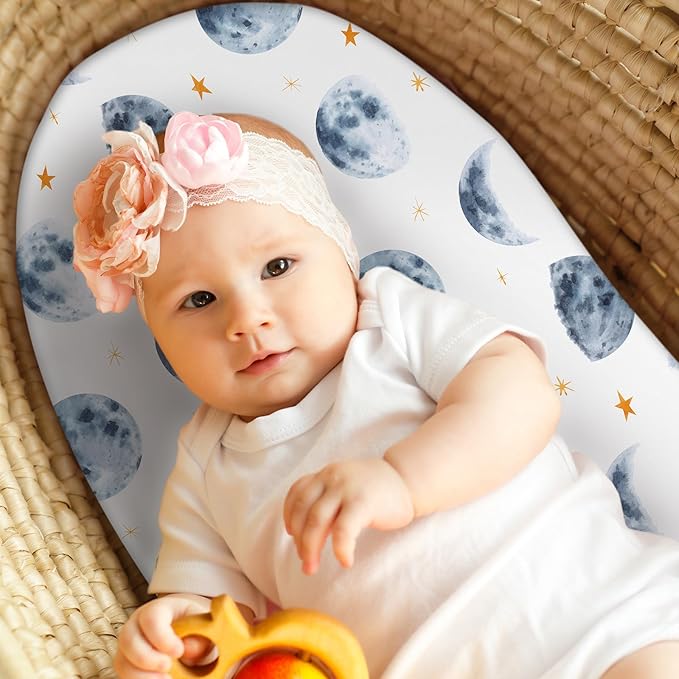 Baby Bassinet Sheets Girl Boy, Fitted Bassinet Sheet Set 3 Pack Bassinet Mattress Sheets Universal Fit for Rectangle, Round, Oval, Hourglass Mattress, Soft Breathable Grey & Blue Moon