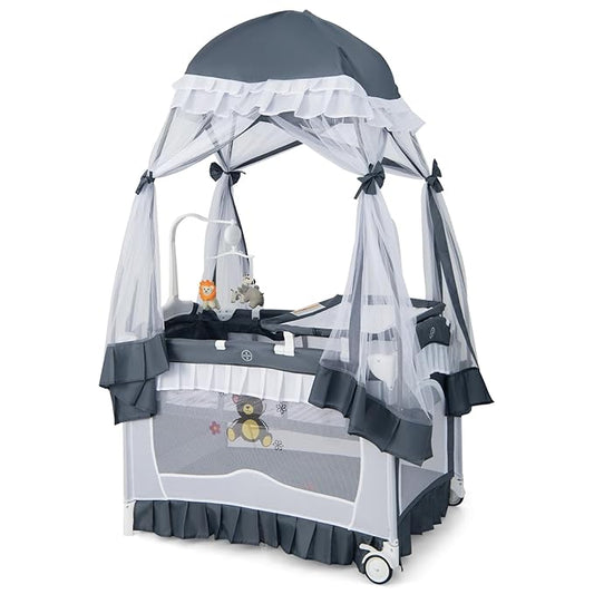 HONEY JOY 4-in-1 Pack and Play with Canopy, Portable Baby Playard w/Changing Table and Infant Bassinet Cute Toys & Music, Foldable Bassinet for Newborn and Toddler(Gray)