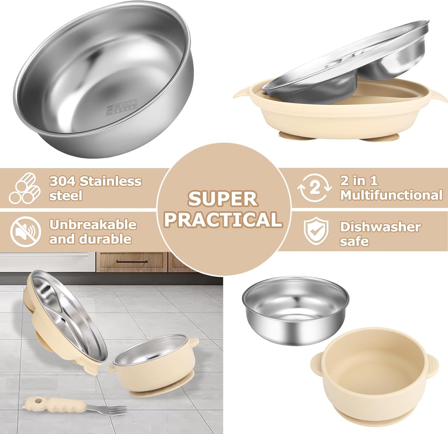 Stainless Steel Baby Plate and Bowl with Suction, Baby Bowl and Divided Kids Toddler Plate with Removable Silicone Shell, Non-Slip Toddler Baby Feeding Set, Forks + Spoons Included-Cream