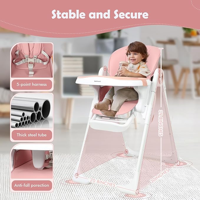 4 in 1 High Chairs for Babies and Toddlers, Foldable Baby High Chairs, Feeding and Eating Seat Highchair with 4 Levels of Recline and 7 Levels of Height Adjustment, Pink