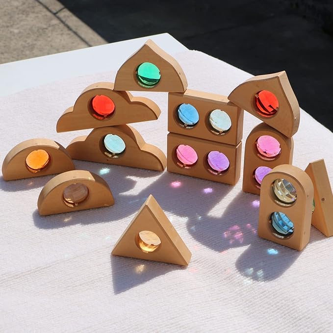 12PCS Acrylic Gem Fairytale Windows Blocks,Translucent Cubes Stacking Toys, Sparkling Acrylic Toy Wooden Stacking Blocks,Open Ended Play Montessori Educational Wooden Toys