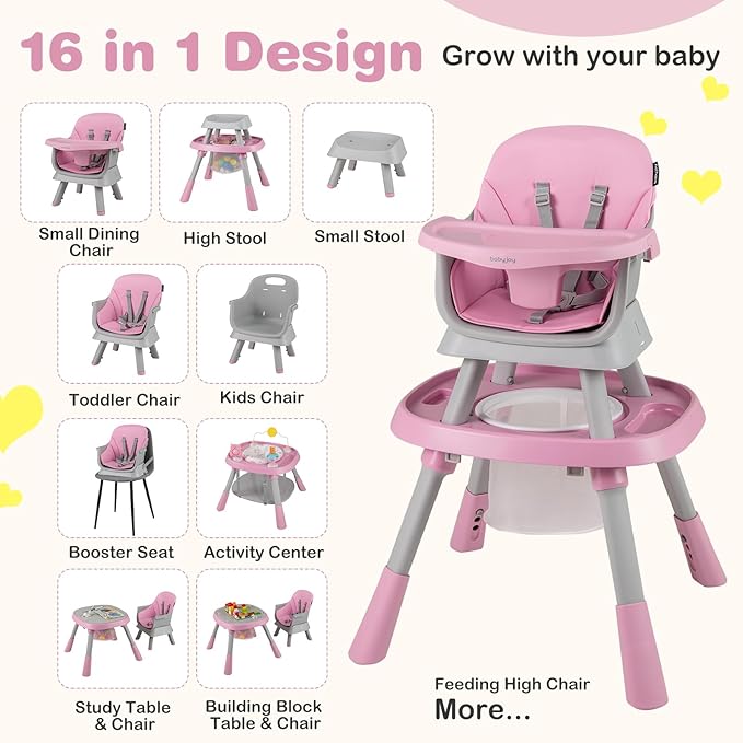 BABY JOY 16 in 1 High Chair, Convertible Baby Highchair for Babies and Toddlers with Activity Center, Booster Seat, Building Block Table, Toddler Chair with Safety Harness, Removable Tray (Pink)