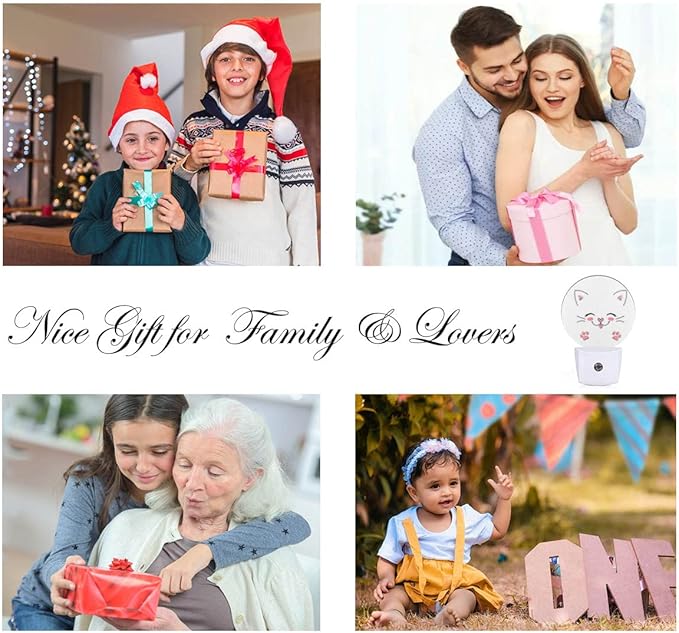 EKOBLA Happy Cat Night Light Cute Animal Kitten with Pink Paw Flurry Ears Night Lights Plug into Wall LED Lamp Dusk to Dawn Sensor for Boys Girls Bathroom Bedroom Decorative LED Lamp