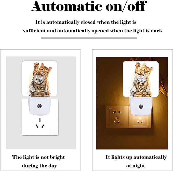 Three Cute Kittens Night Light,Plug Into Wall for Boys Girls Bedroom Decorative Square Night Light Lamp 0.5w Sleep Friendly