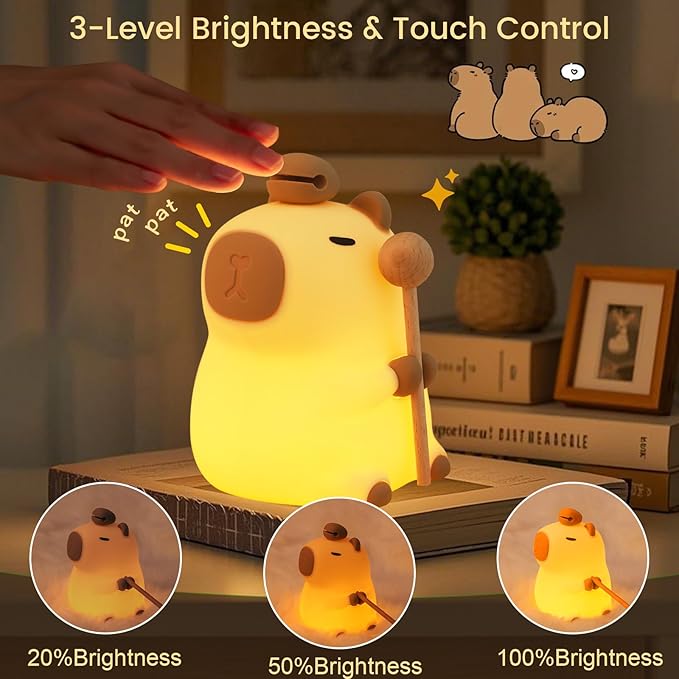 Capybara Night Light, Nursery Lamp, 7-Color RGB & 3-Level Warm Dimmable, Tap Control, 30Min Timer, 100% Safe &Soft Silicone, Adorable, Soothing Ambiance, Gift for Kids, Zen, Wooden Fish