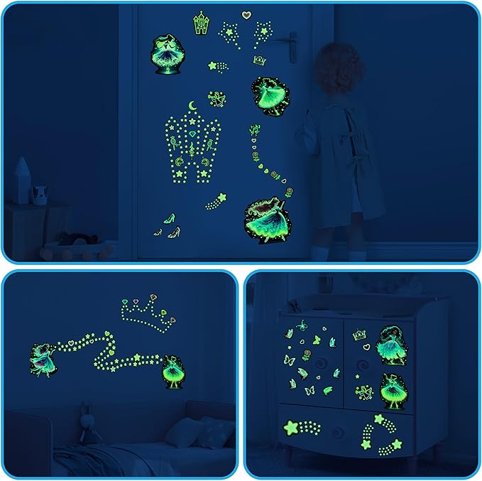 Glow in The Dark Princess and Star Wall Decals, Neon Butterflies Stickers for Girls Room, Luminous Stars Ceiling Decor for Bedroom Playroom Nursery