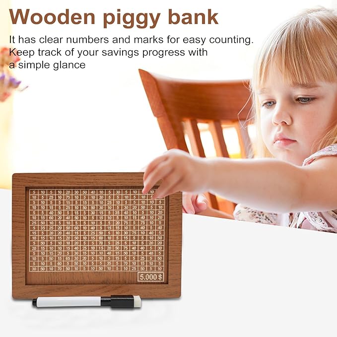 10000 Savings Challenge Box, Money Saving Box with Money Target and Numbers, Cash Vault Wooden Savings Box, Wooden Money Box, Coin Counter Piggy Bank for Adults, Wooden Coin Bank for Kids 5,000