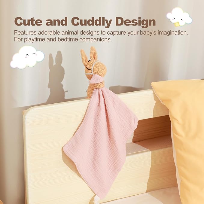 Hand-Knit Crochet Baby Animal Security Blanket | Organic Cotton Baby Shaker Rattle Toy & Comforter Lovey | Soft Sensory Stroller Toy for Newborns Infants 0-6-12 Months (Baby Pony Design)