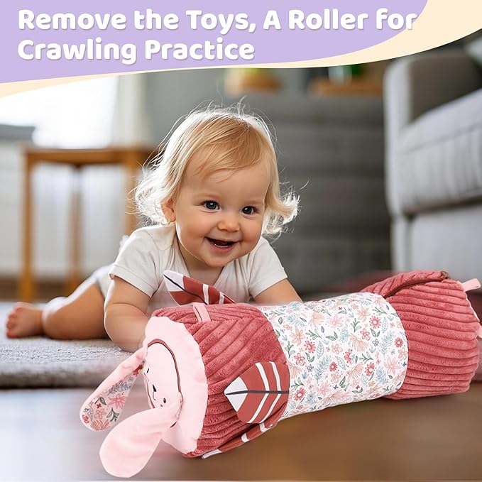 vocheer Tummy Time Pillow with Detachable Sensory Toys for Babies,Inflatable Design,Pink Rabbit, Baby Girl Toys 3-6 Months with Tummy Time Mirror, Rattles, Teether, Baby Girl Gifts