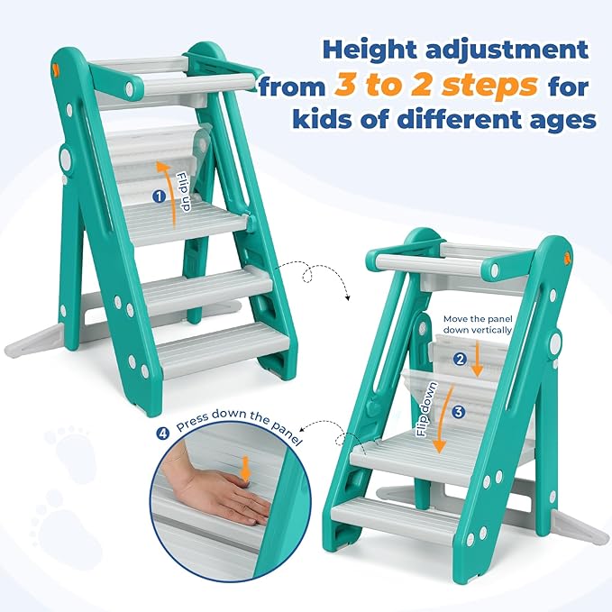 Onasti Toddler Tower Kitchen Stool Helper, Foldable & Adjustable Height Kids Learning Stool for Kitchen Counter Bathroom Sink, Child Ladder for Toddlers with Handles, Safty Rail, Non-Slip Pads - Green