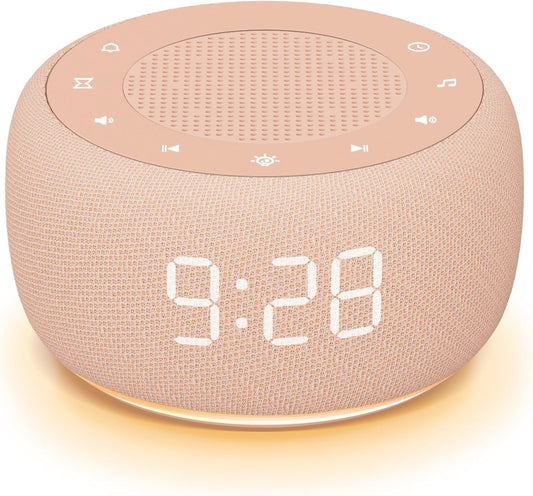 Buffbee Sound Machine & Alarm Clock 2-in-1, 0-100% Clock Face Brightness, Bottom Colored Light, Sleep Timer, Precise 30-Level Volume White Noise Machine, Digital Alarm Clocks for Bedrooms - Peach