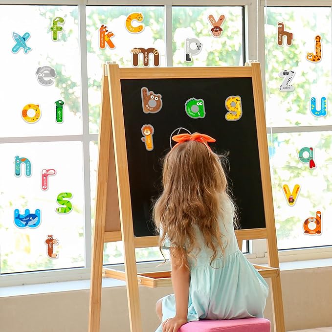 Whaline 52Pcs Alphabet Letters Thick Gel Clings Cute Animal Lowercase Letters Window Gel Decals for Educational Spelling Learning Home Classroom Nursery Decor, 2 Sheets