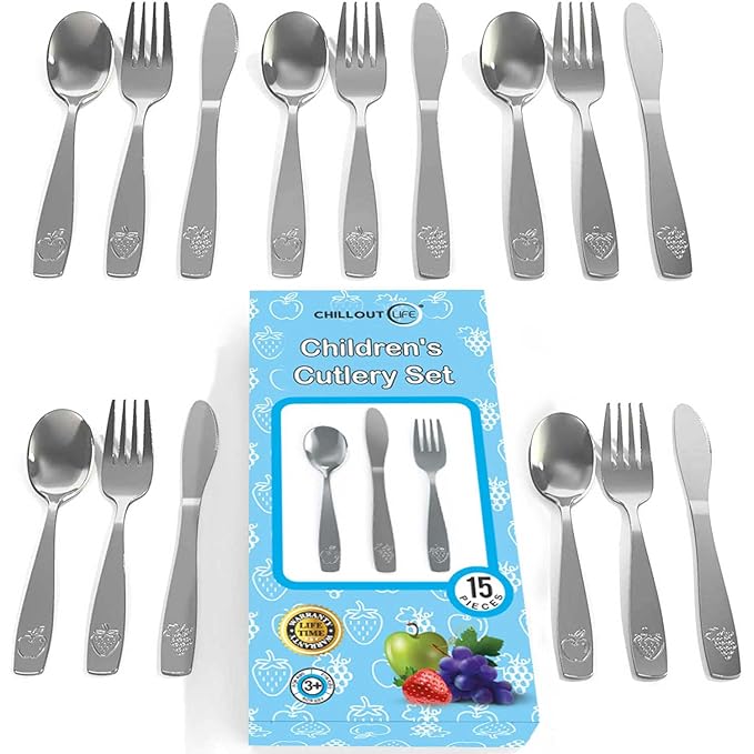 CHILLOUT LIFE Stainless Steel Kids Silverware Set 15 Pieces - Child and Toddler Safe Flatware - Kids Utensil Set - Metal Kids Cutlery Set Includes 5 Small Kids Spoons, 5 Forks & 5 Knives