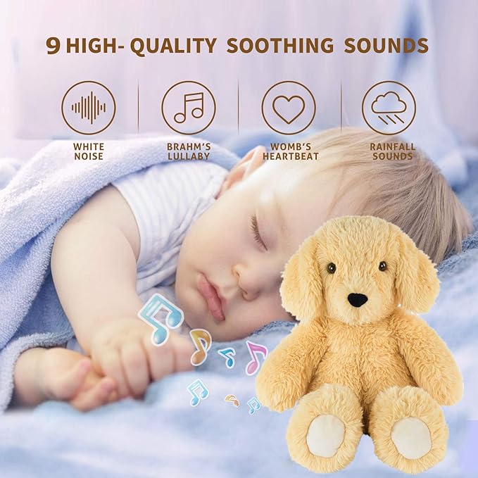 BEREST Baby Cry Sensor Sleepy Dog Sleep Soother Sleeping Aid White Noise Infant Stuffed Animal Puppy Dog Toy, Nursery Decor with Night Light, Mom‘s Heartbeat 9 Sounds Therapy for Toddler Crib
