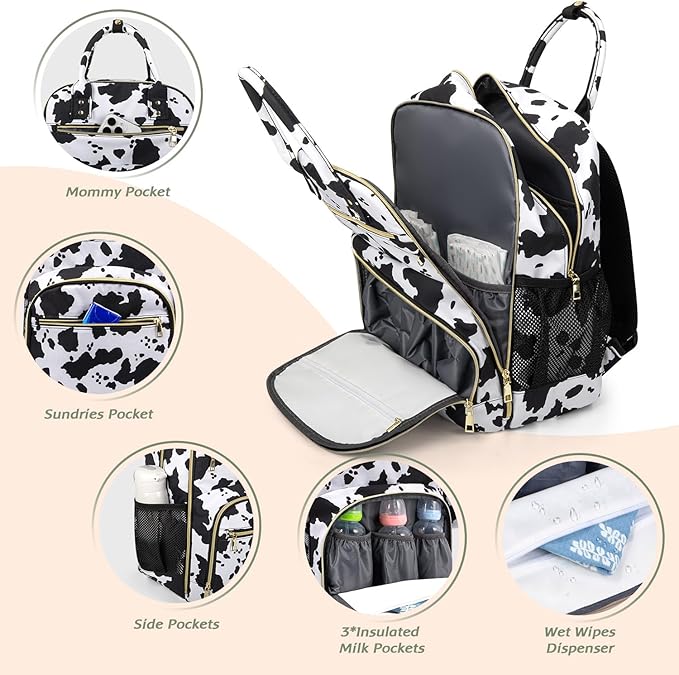 Diaper Bag Backpack,Baby Essentials Diapers Bag with Pacifier Case,Multipurpose Stylish Large Capacity Travel Backpack for Baby Girl/Boy(L-Cow Print)
