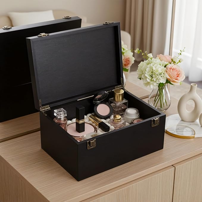 ANMINY Wooden Keepsake Memory Box with Lid Bamboo Wood Storage Box with Hinged Lid & PU Leather Handles Large Decorative Wooden Chest Box for Crafts Stash Gifts - Black, 11.8" L x 7.8" W x 5.9" H