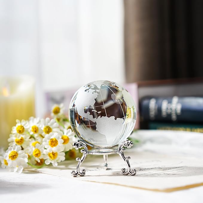 60mm World Globe Crystal Earth Ball Paperweight with Stand Glass Sphere Display Globe Ball Christmas Decor for Home Office Desk