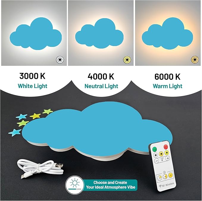 Cloud Lights - Nursery Decor Cloud Lamp, Rechargeable Baby Lamps with Remote, Hanging Lamp for Nursery, Kids Night Light with Timer & Touch Control (Blue)