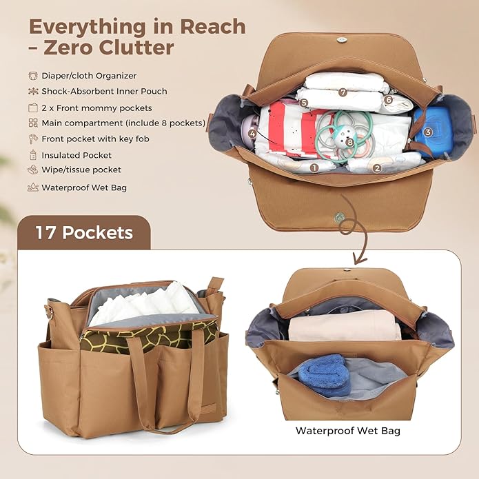 Lekebaby Diaper Bag Tote, Large Diaper Bags Waterproof,Large Mommy Bag Tote Bag Handbag Pink Travel, Black and Beige