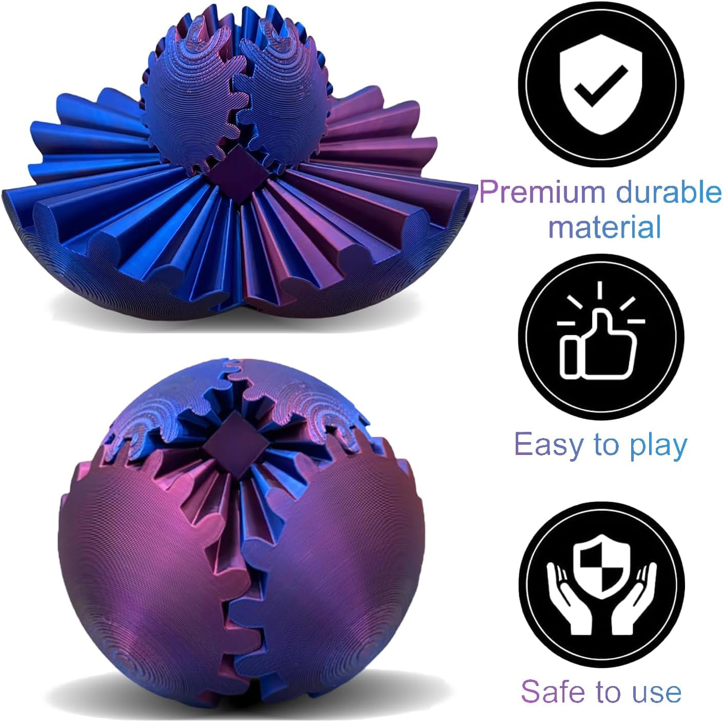 Gear Ball,Gear Sphere,3D Printed Gear Ball Gearsphere Gear Ball for Stress and Anxiety Relaxing Fidget Ball,3D Printed Work Fidget Toy,Activity Gear Ball for Adults & Kids (Red+Blue)