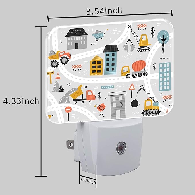 Cartoon Construction Vehicle Night Light for Kids Girls Boys, Building Scene LED Night Light Plug into Wall with Dusk to Dawn Sensor for Bedroom, Hallway, Kitchen, Bathroom, Stairs Decor
