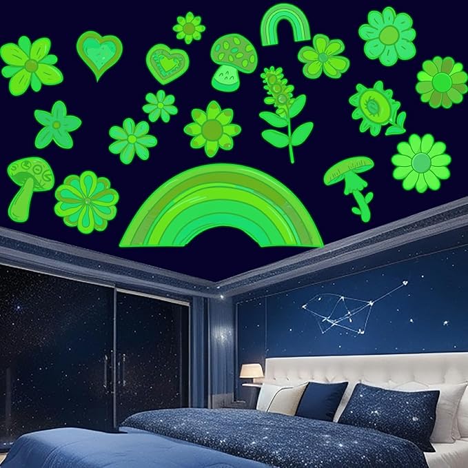 Glow in The Dark Colorful Flowers Stickers, 27 PCS Glowing Luminous Rainbow Heart Wall Decals Flowers Mushrooms Ceiling Stickers for Kids Boys Girls Bedroom Nursery Playroom Party Room Decor