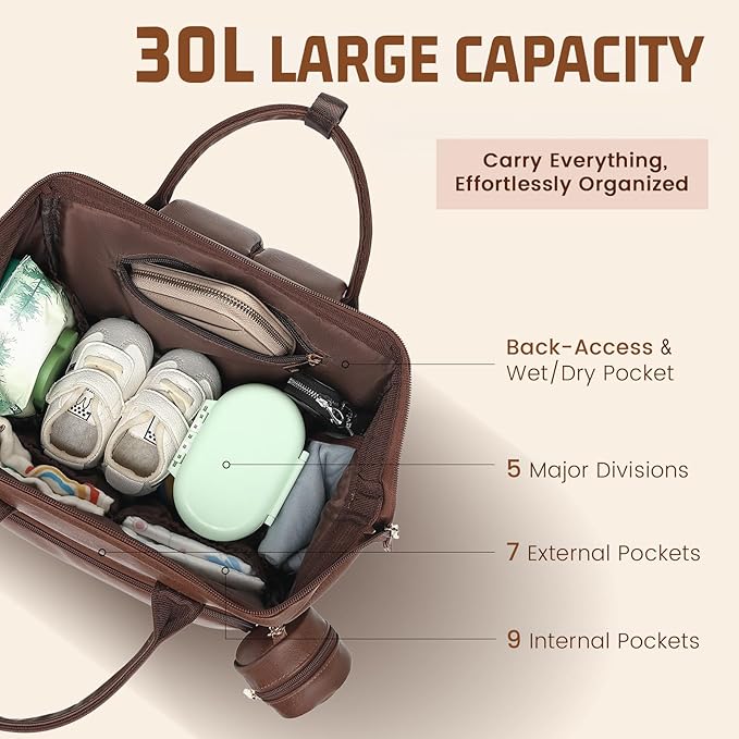 Premium Vegan Leather Diaper Bag Backpack with Waterproof Changing Pad – Reinforced Stitching & Zippers, Baby Bag for Boy Girl, Stroller Straps, Fits 15.6" Laptop for Work Moms, Dark Brown