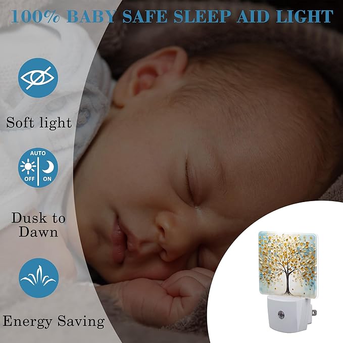 Plug in Night Lights Golden Tree Of Life Oil Painting Nightlight Plug Into Wall Dusk to Dawn Sensor LED Night Light for Kid Girls Boys Women Room Decor,Hallway,Kitchen,Bathroom,Nursery,Stairs