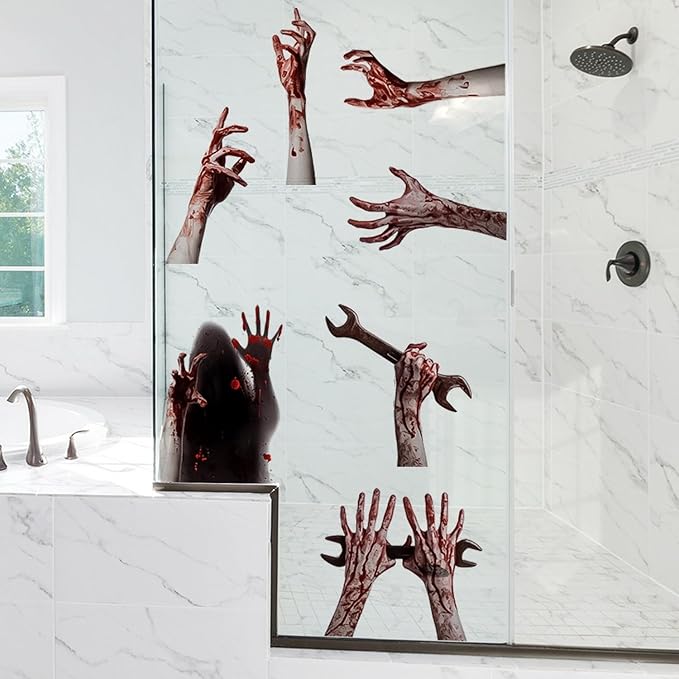 2 Sheets Halloween Window Clings for Glass Window Stickers Double-Side Ghost Window Decals Bloody Arm Ghost Shadow Designs DIY Decoration for Halloween Party Home Office Shop Glass Decor Supplies