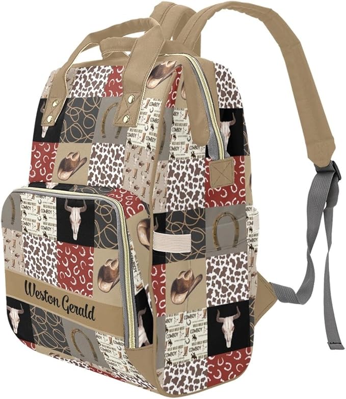 Custom Western Cowboy Baby Diaper Bag with Name – Personalized Nursing Travel Tote Backpack for Mom or Dad, Custom Name Baby Daypack Gift