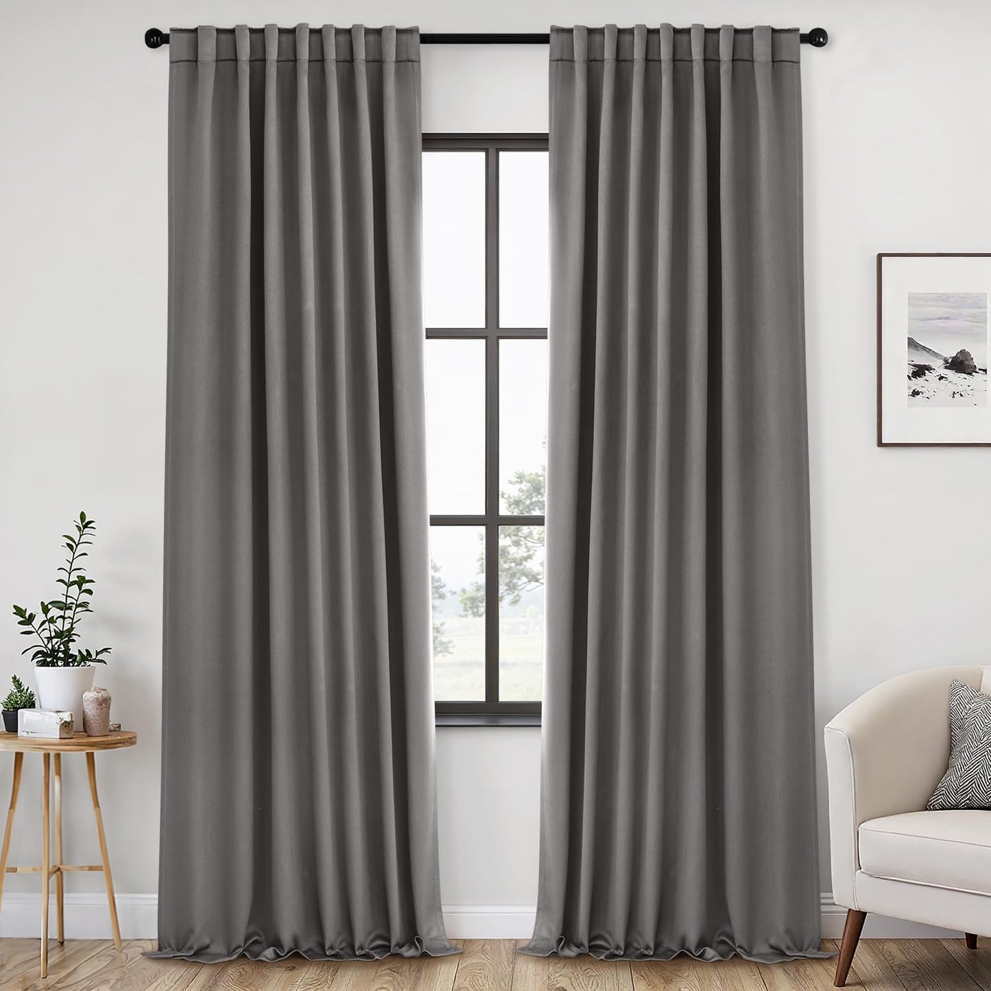 ANRODUO Back Tab Blackout Curtains for Bedroom Living Room, Rod Pocket Pinch Pleated Thermal Insulated Room Darkening Curtains 96 Inches Long 2 Panels, Grey, 52 x 96 Inch