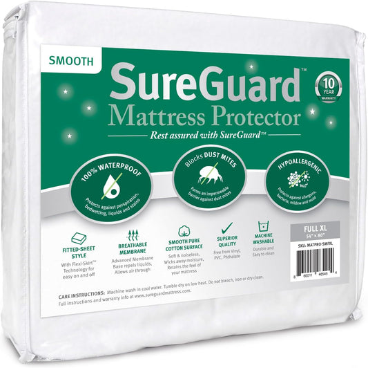 SureGuard Full Extra Long (XL) Mattress Protector - 100% Waterproof, Hypoallergenic - Premium Fitted Cotton Cover - Smooth