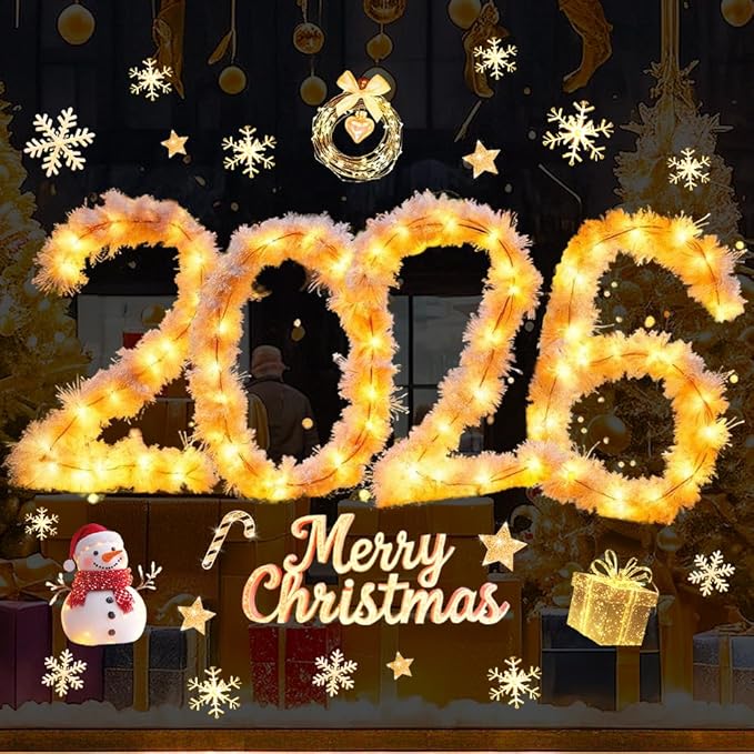 Christmas Window Stickers Clings Cute Snowman Snowflake Winter Golden Light String Pattern Window Decal Decoration Glass Windows Sticker for Xmas 2026 New Year Party Decor Accessories