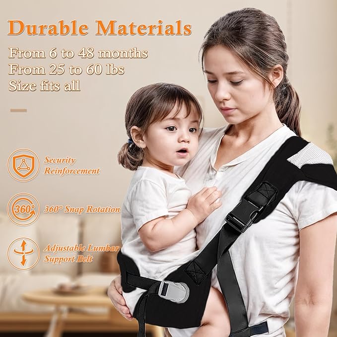 Baby Carrier Newborn to Toddler - Adjustable Sling Carrier for 25-60lbs, Comfortable Hands-Free Carrying (Black)