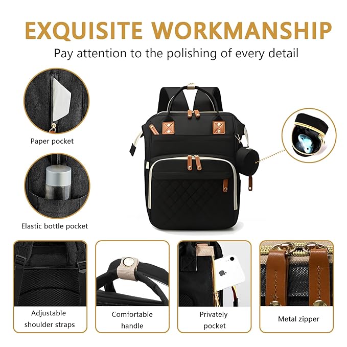 Diaper Bag Backpack with Changing Station Portable 3 in 1 Multifunction Backpack Travel mommy bag Stroller Black