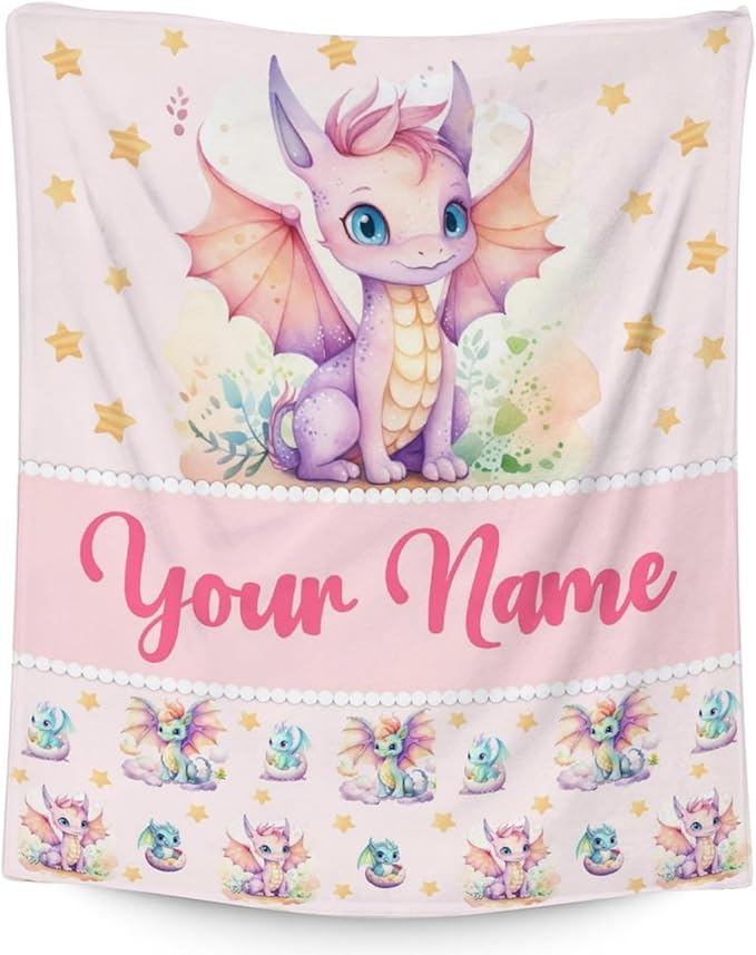 Custom Dragon Blanket Gifts with Name - 50x60 Inches Cute Throw Blanket for Babies, Kids, Boys & Girls - Pink Soft Fuzzy Blankets for Couch, Sofa & Bed