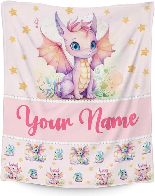 Custom Dragon Blanket Gifts with Name - 60x80 Inches Cute Throw Blanket for Babies, Kids, Boys & Girls - Pink Soft Fuzzy Blankets for Couch, Sofa & Bed